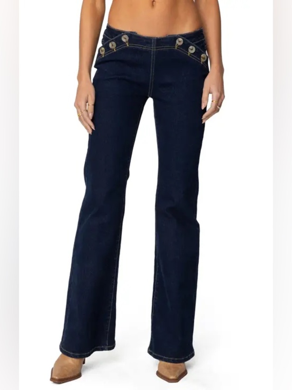 Edikted Dark Navy Flare Jeans with Button Accent